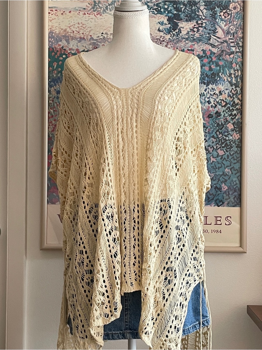 Cream Crochet Knit Poncho Open Weave Fringe Hem V-Neck Boho Beach Cover Up OS